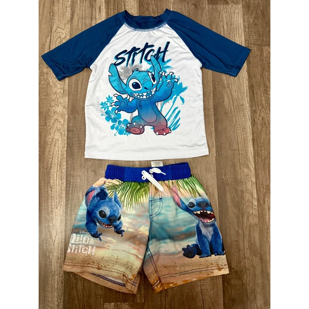 Disney Lilo & Stitch Kids Swim Set Rash Guard & Trunks Blue White Size 4/5